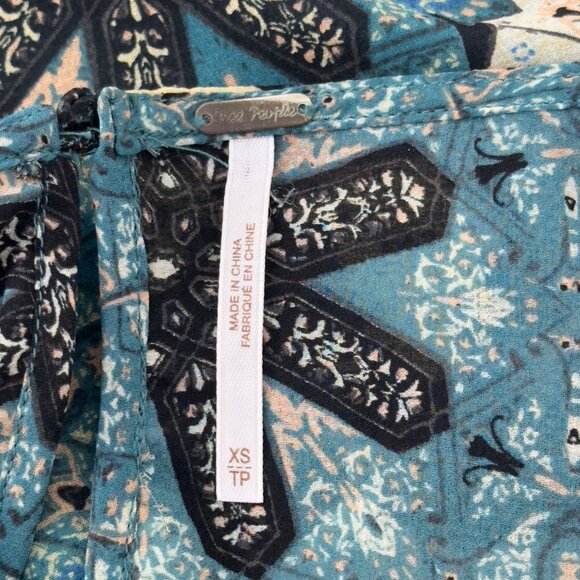 Free People Women SZ XS Boho Long Sleeve Printed Tunic Dress In Blue & Cream - Picture 3 of 14